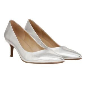 Naturalizer Everly Silver Metallic Leather Kitten Heel Minimalist Pumps NEW SZ 9